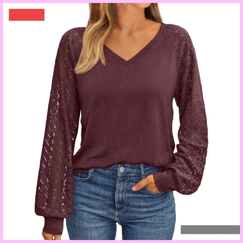 Long Sleeve V-Neck Lace Blouse Business Casual Top Trendy Fall Fashion
